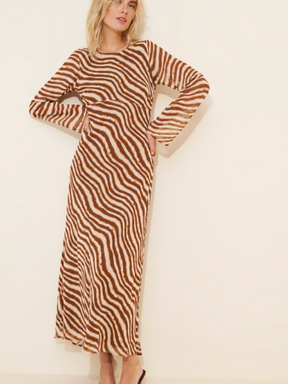 Ownley Valentina Brown Zebra Animal Print Open Back Long Sleeve Maxi Dress M